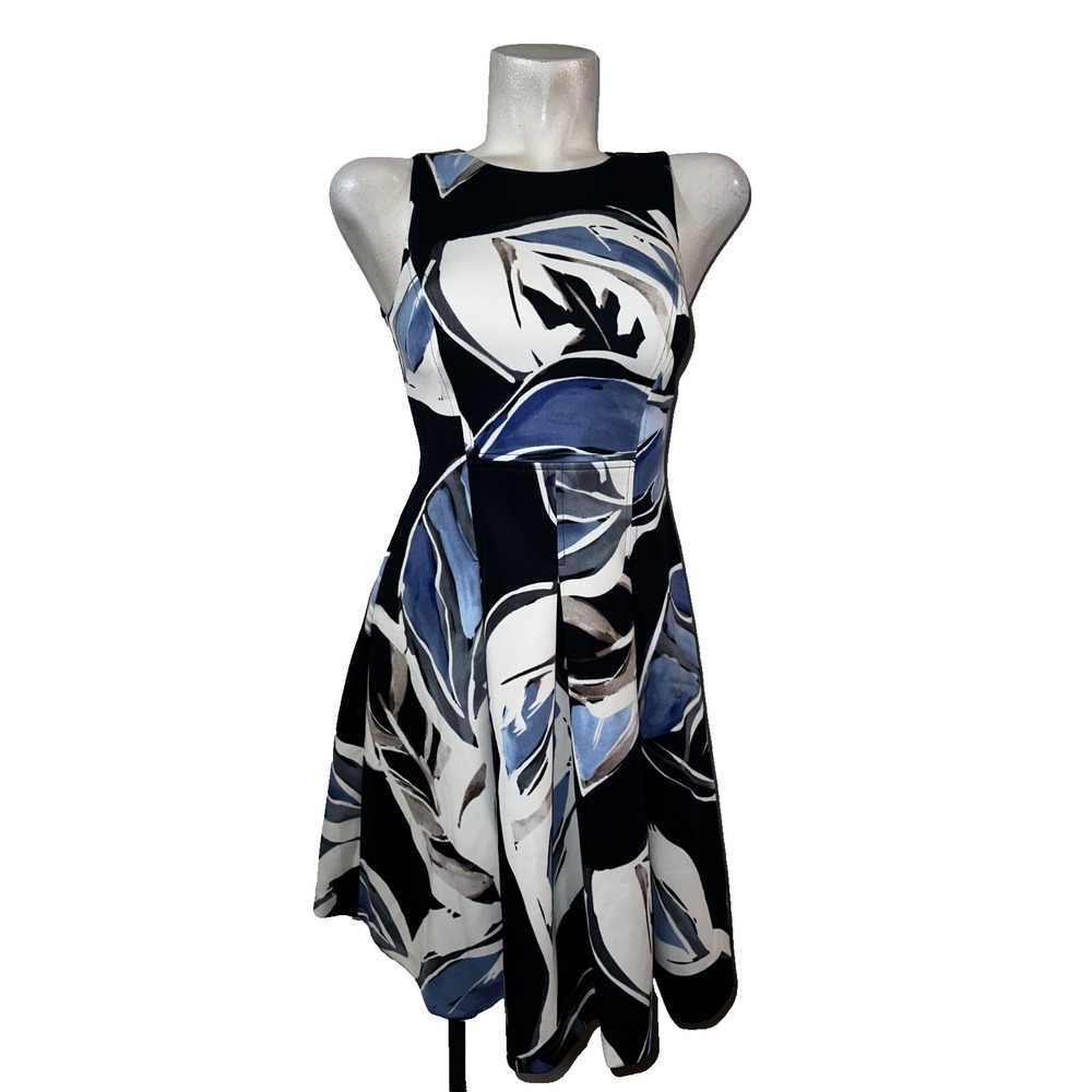 Vince Camuto Womens Size 2 Blue Black Abstract Floral Sleeveless Fit Flare Dress